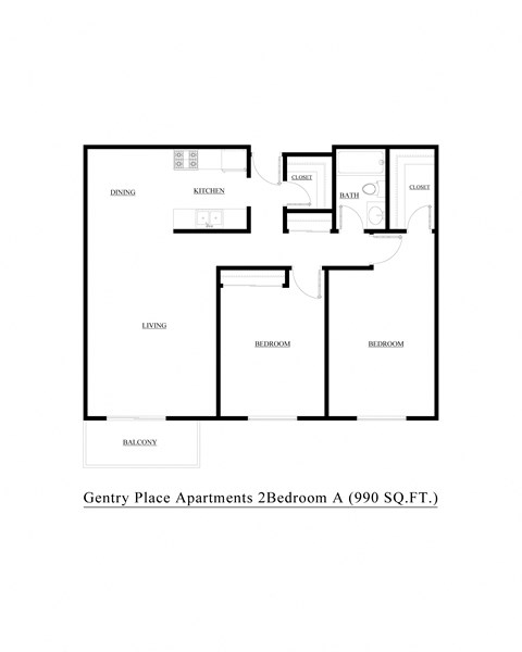 Floor plan for 2 beds, 1 bath, 990 sqft